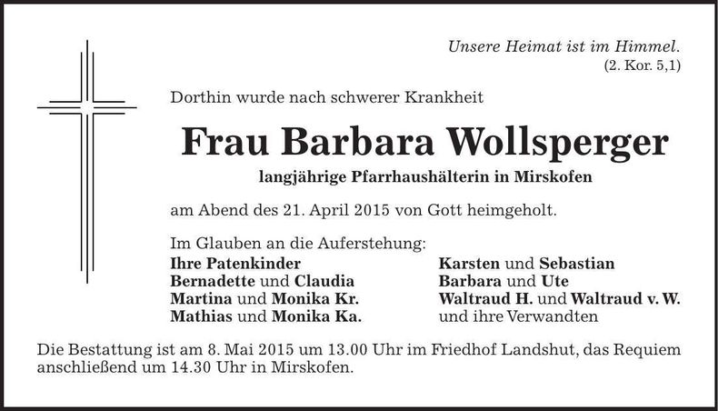 Traueranzeige Barbara Wollsperger