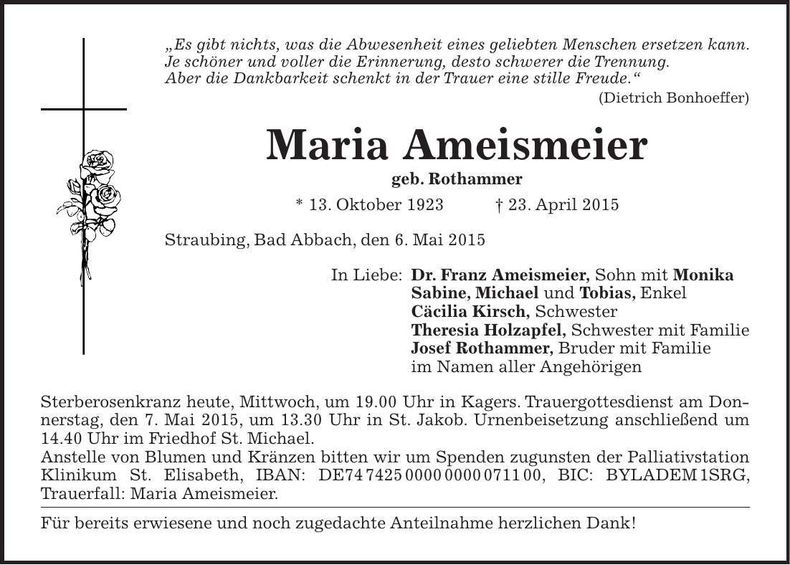 Traueranzeige Maria Ameismeier