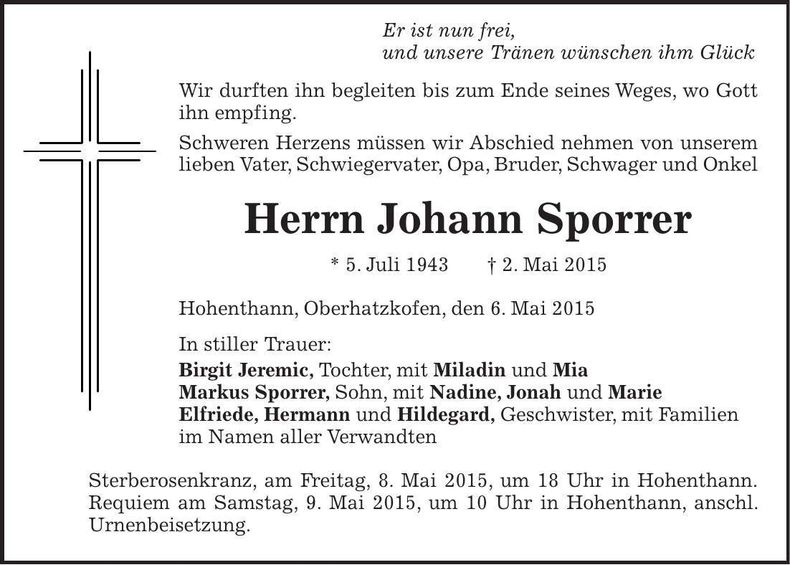Traueranzeige Johann Sporrer