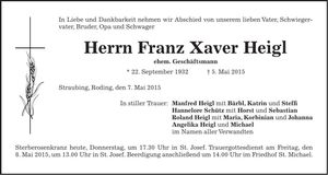 Traueranzeige Franz Daver Heigl