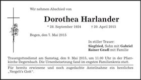 Traueranzeige Dorothea Harlander