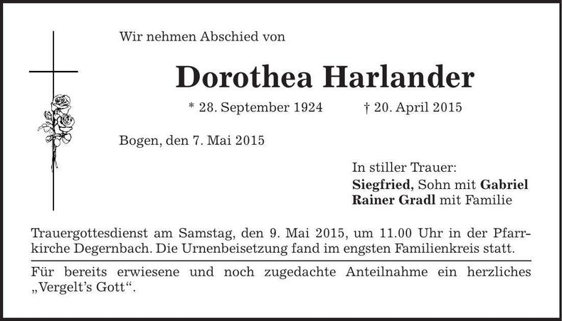 Traueranzeige Dorothea Harlander