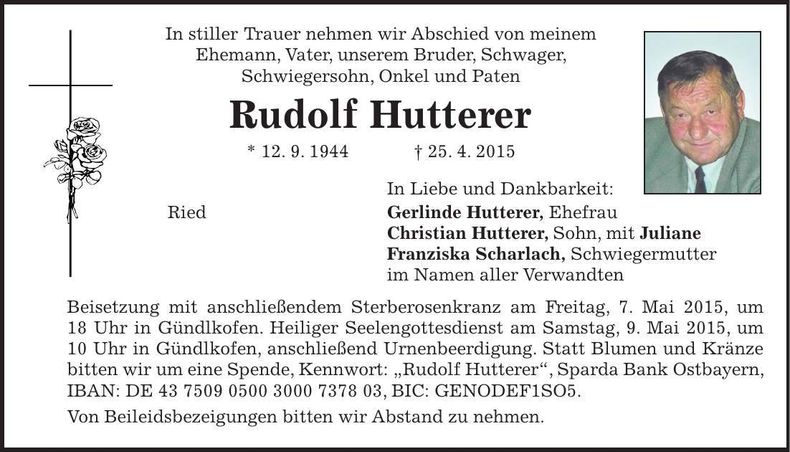 Traueranzeige Rudolf Hutterer