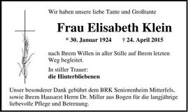 Traueranzeige Elisabeth Klein