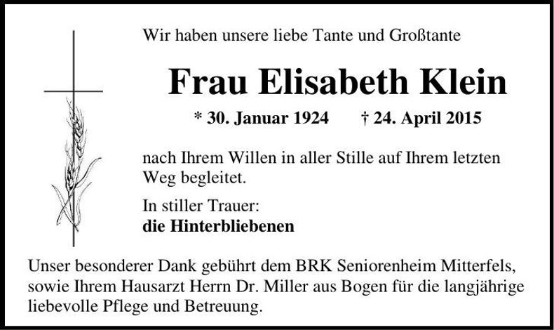 Traueranzeige Elisabeth Klein