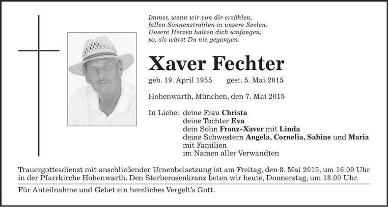 Traueranzeige Xaver Fechter