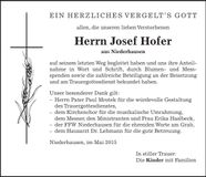 Traueranzeige Josef Hofer
