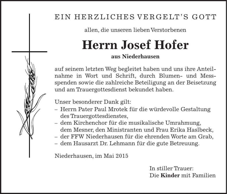 Traueranzeige Josef Hofer