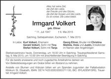 Traueranzeige Irmgard Volkert