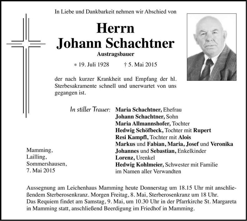 Traueranzeige Johann Schachtner