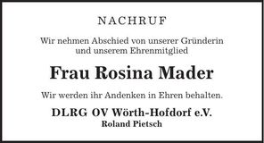 Traueranzeige Rosina Mader