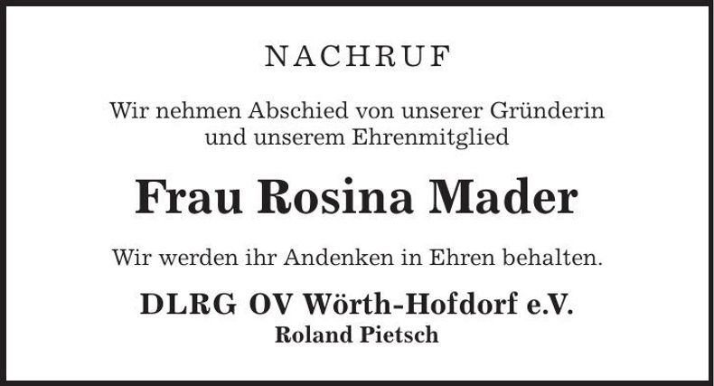 Traueranzeige Rosina Mader