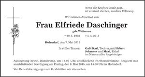 Traueranzeige Elfriede Daschinger
