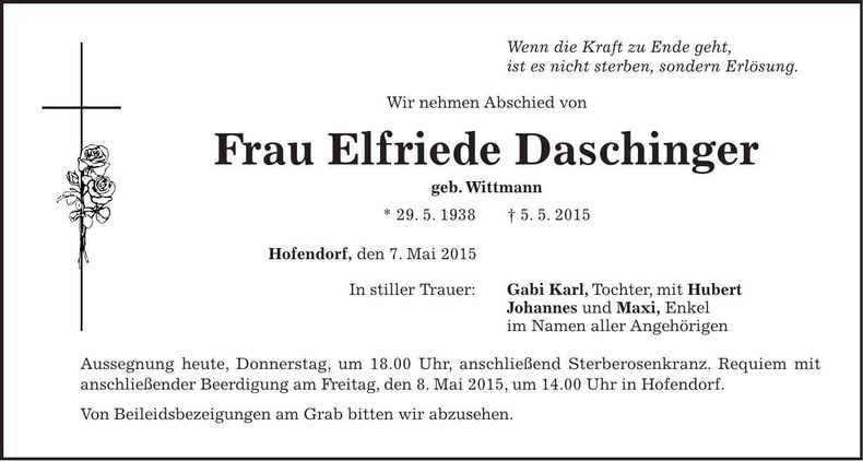Traueranzeige Elfriede Daschinger