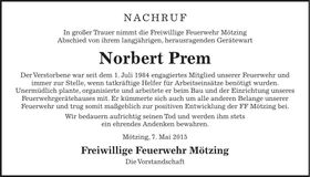 Traueranzeige Norbert Prem