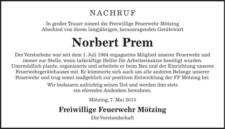 Traueranzeige Norbert Prem
