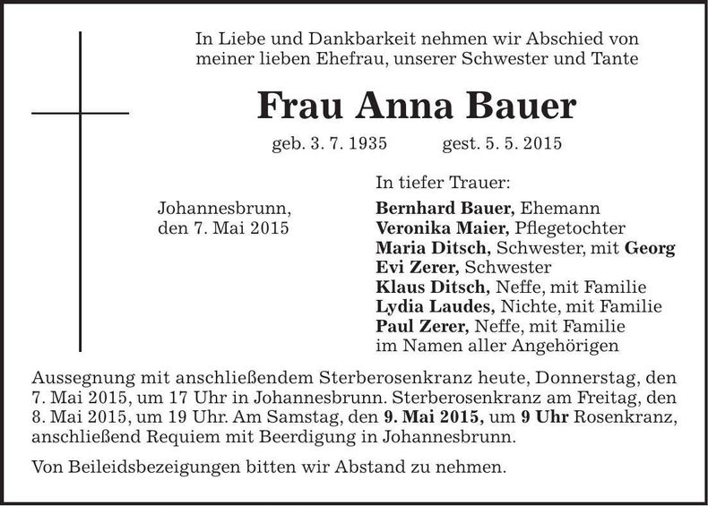 Traueranzeige Anna Bauer