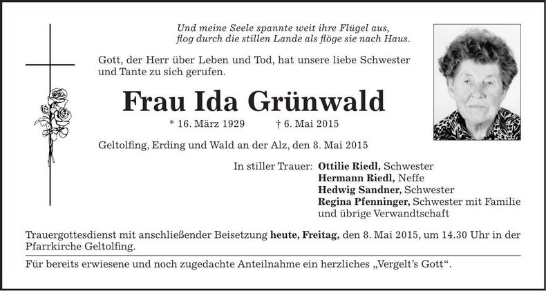 Traueranzeige Ida Grünwald