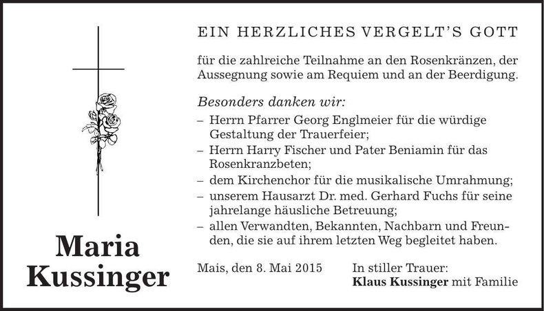 Traueranzeige Maria Kussinger