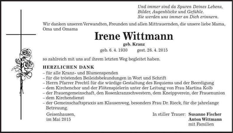 Traueranzeige Irene Wittmann