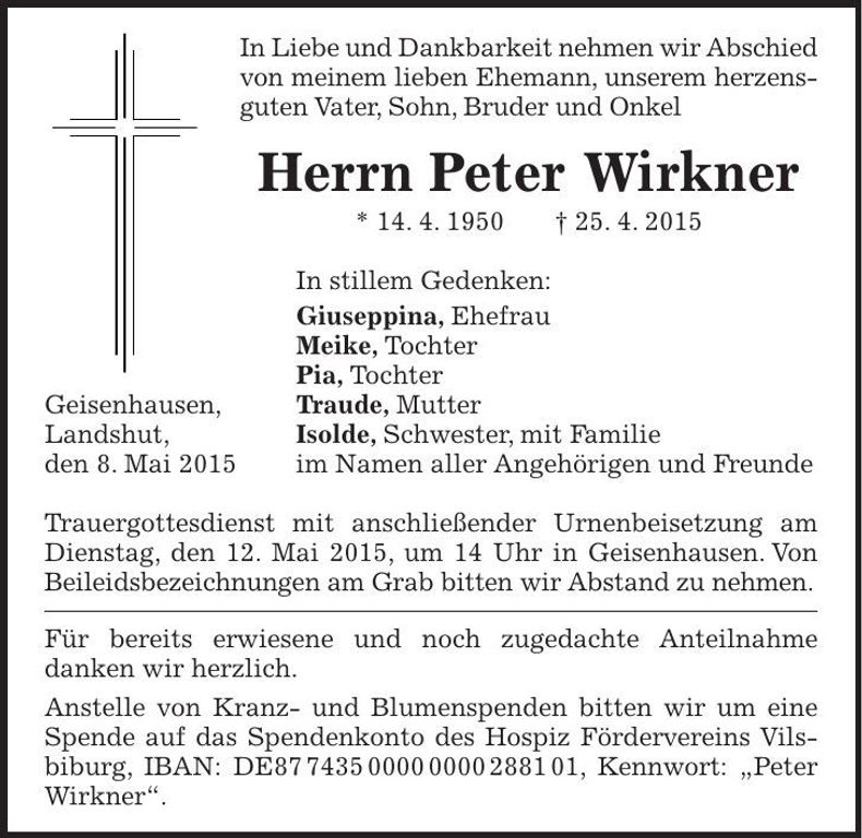 Traueranzeige Peter Wirkner