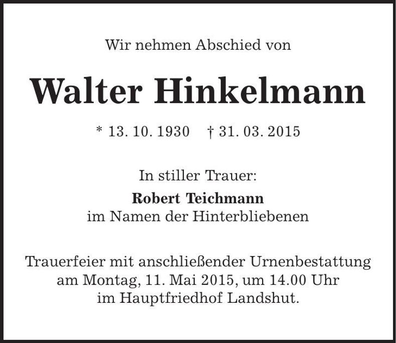 Traueranzeige Walter Hinkelmann