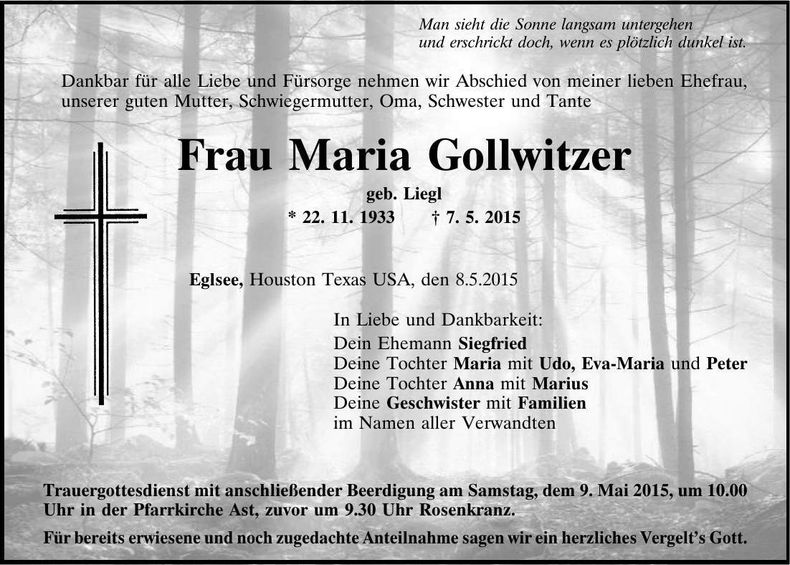 Traueranzeige Maria Gollwitzer