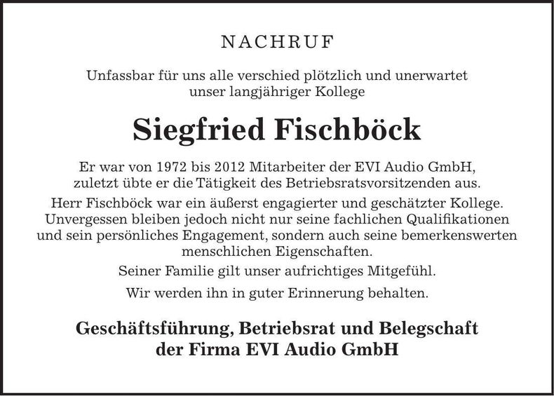 Traueranzeige Siegfried Fischböck