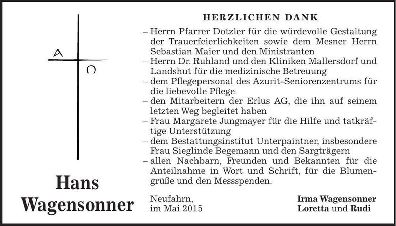Traueranzeige Hans Wagensonner