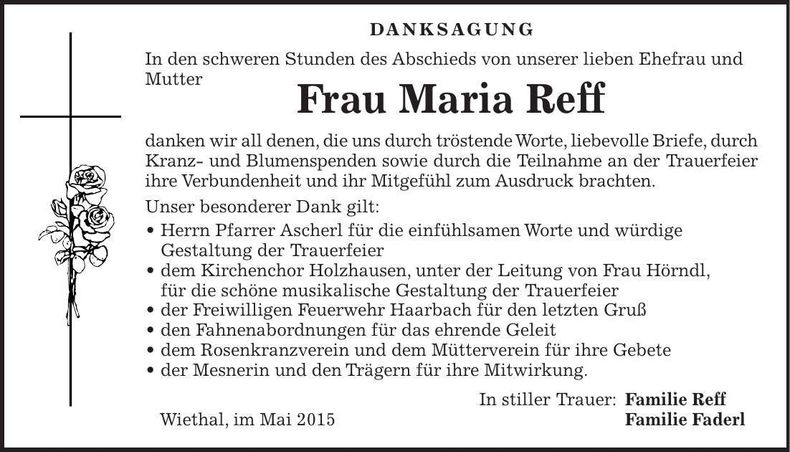 Traueranzeige Maria Reff