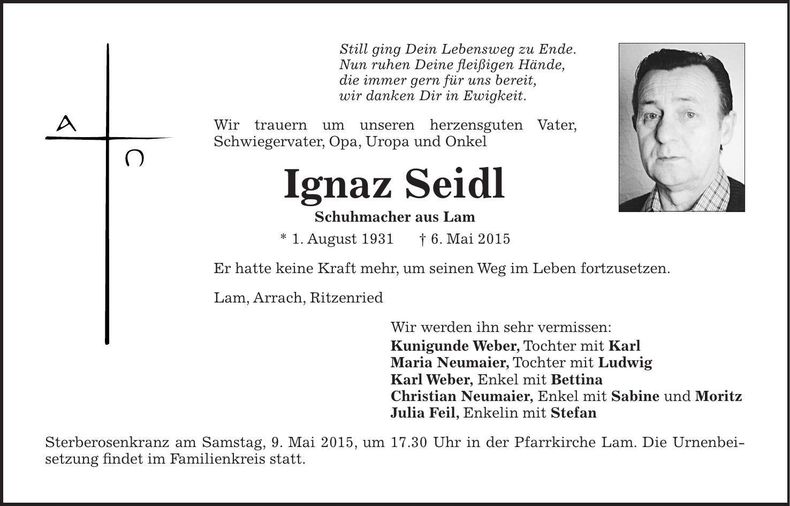Traueranzeige Ignaz Seidl