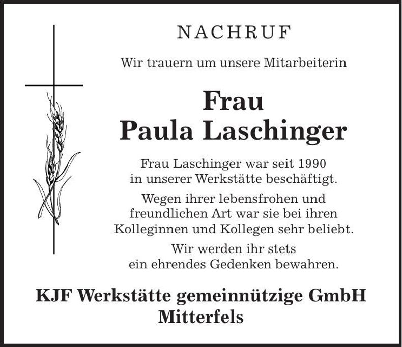 Traueranzeige Paula Laschinger