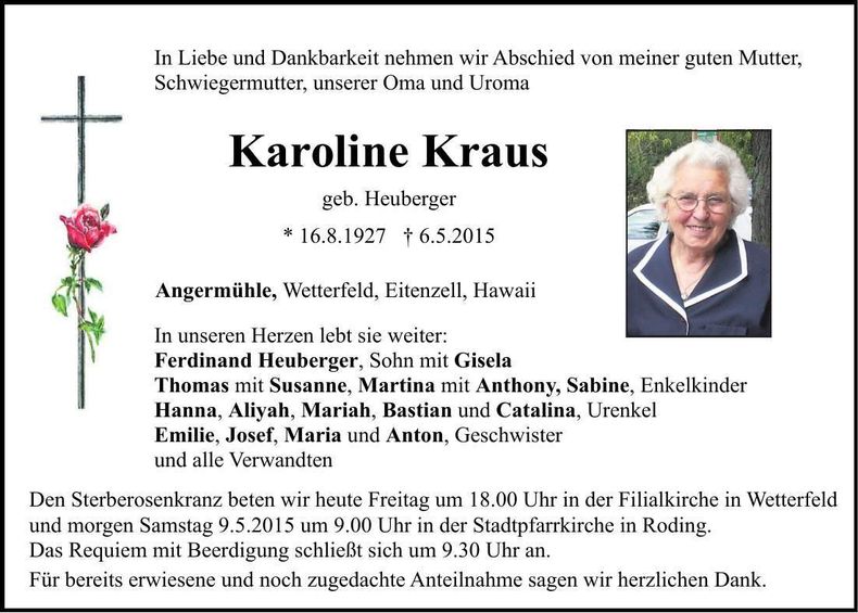 Traueranzeige Karoline Kraus