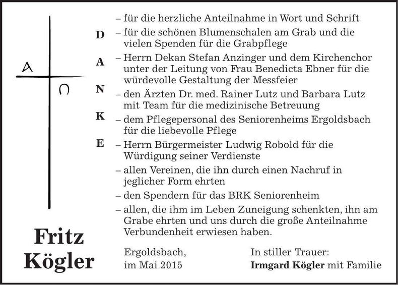 Traueranzeige Fritz Kögler