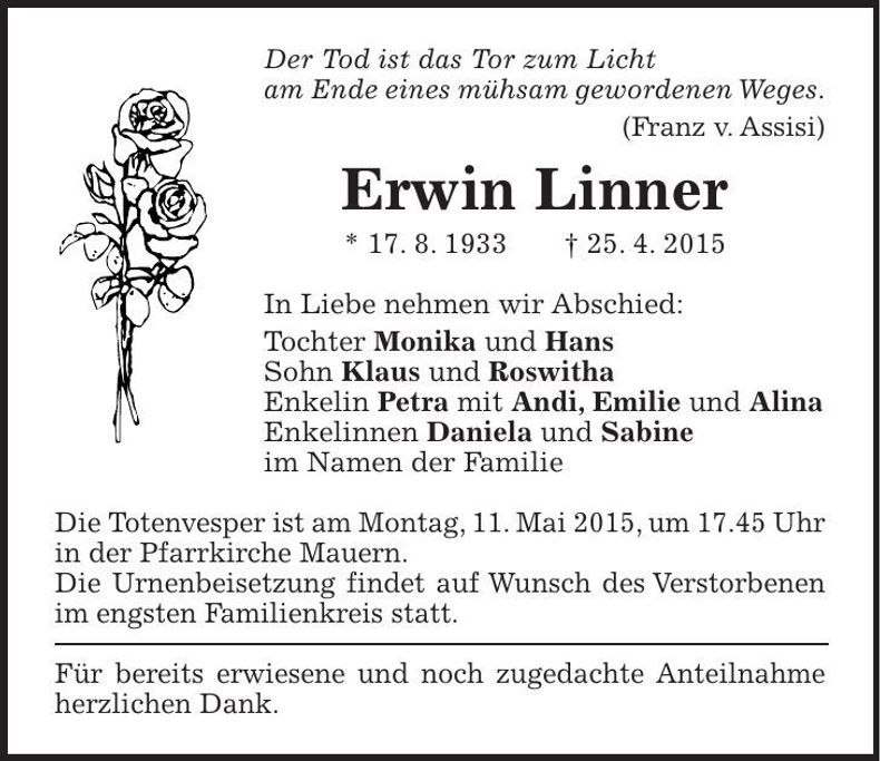 Traueranzeige Erwin Linner