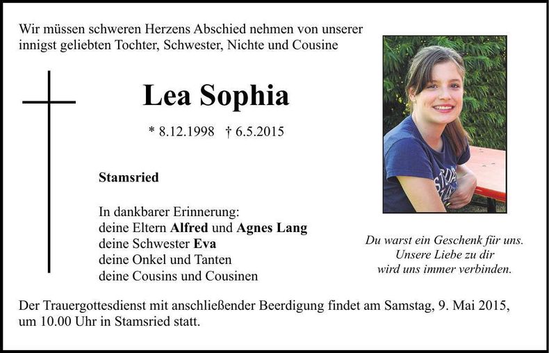 Traueranzeige Lea Sophia Lang