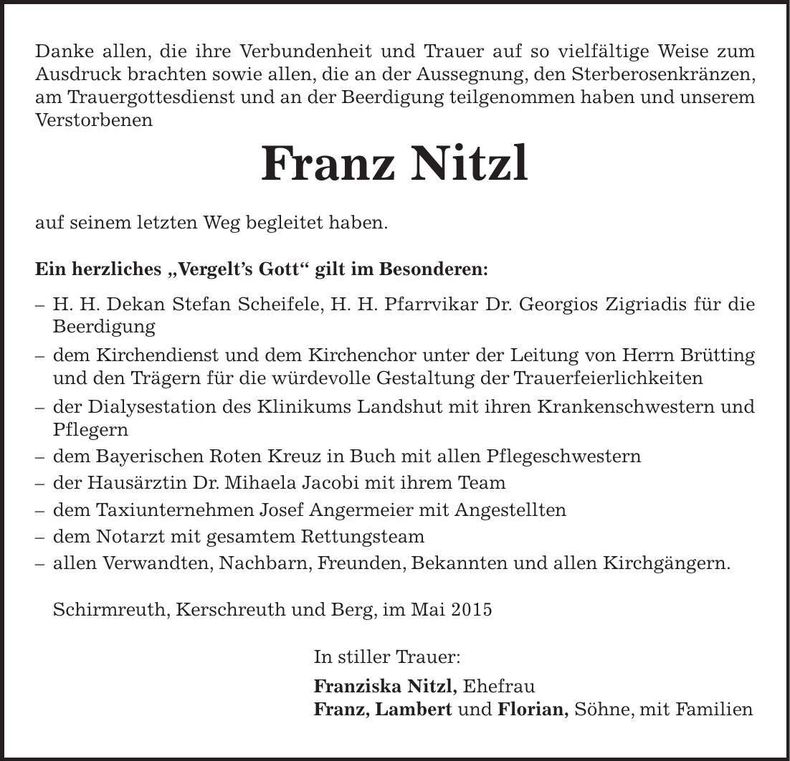 Traueranzeige Franz Nitzl