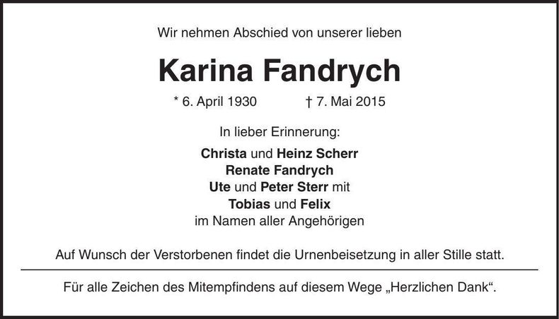 Traueranzeige Karina Fandrych