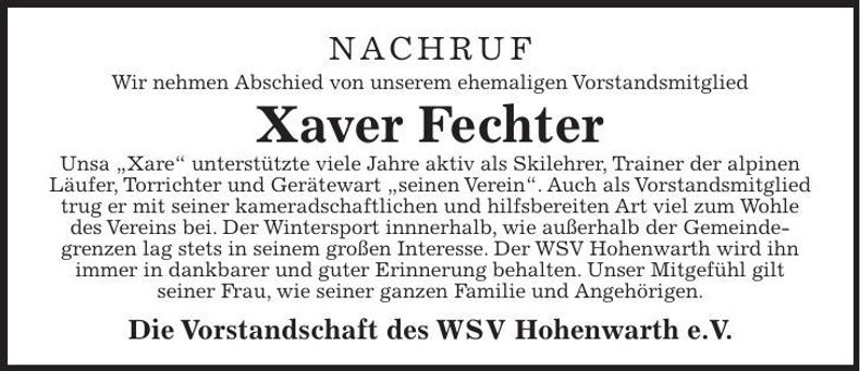 Traueranzeige Xaver Fechter