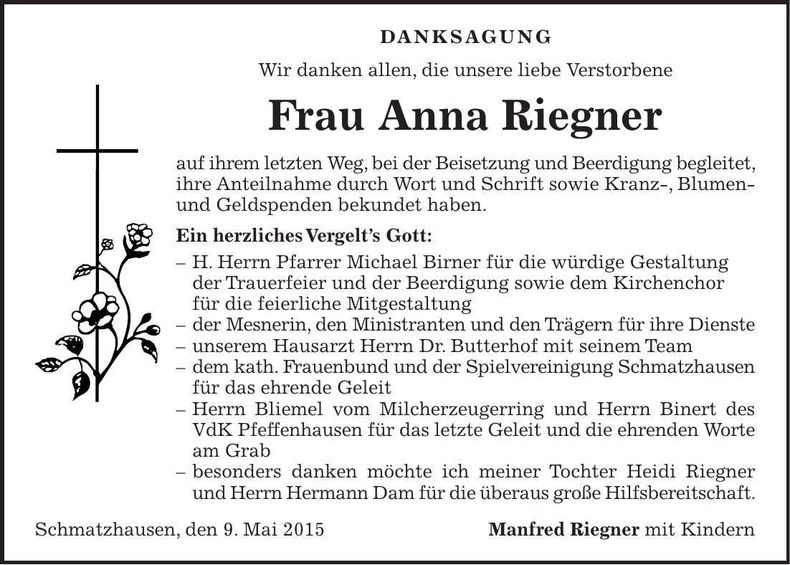 Traueranzeige Anna Riegner