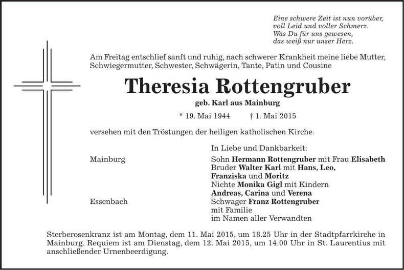 Traueranzeige Theresia Rottengruber