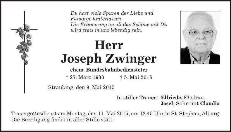 Traueranzeige Joseph Zwinger