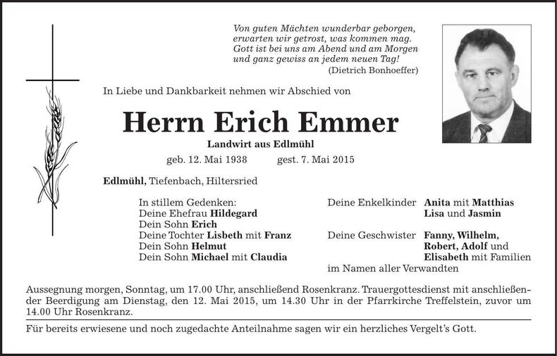 Traueranzeige Erich Emmer