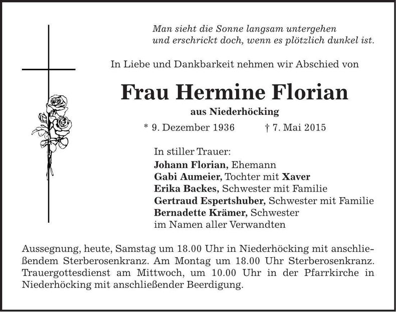 Traueranzeige Hermine Florian