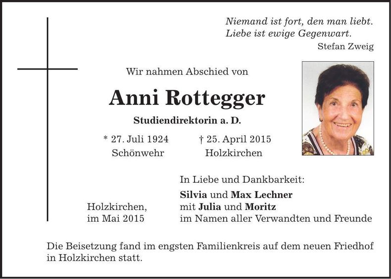 Traueranzeige Anni Rottegger