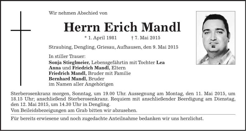 Traueranzeige Erich Mandl