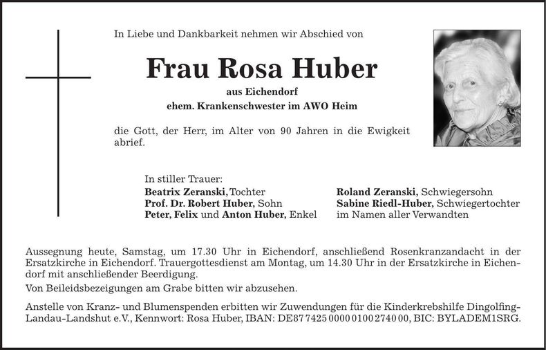 Traueranzeige Rosa Huber