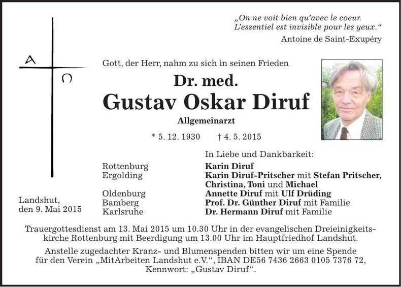 Traueranzeige Gustav Oskar Diruf