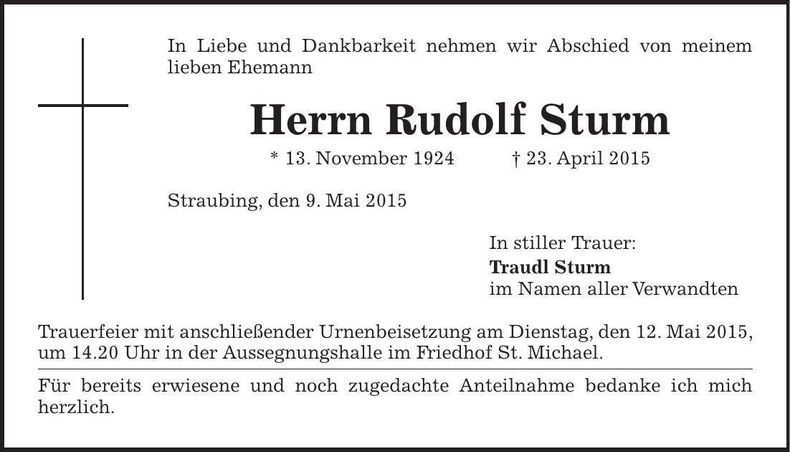 Traueranzeige Rudolf Sturm