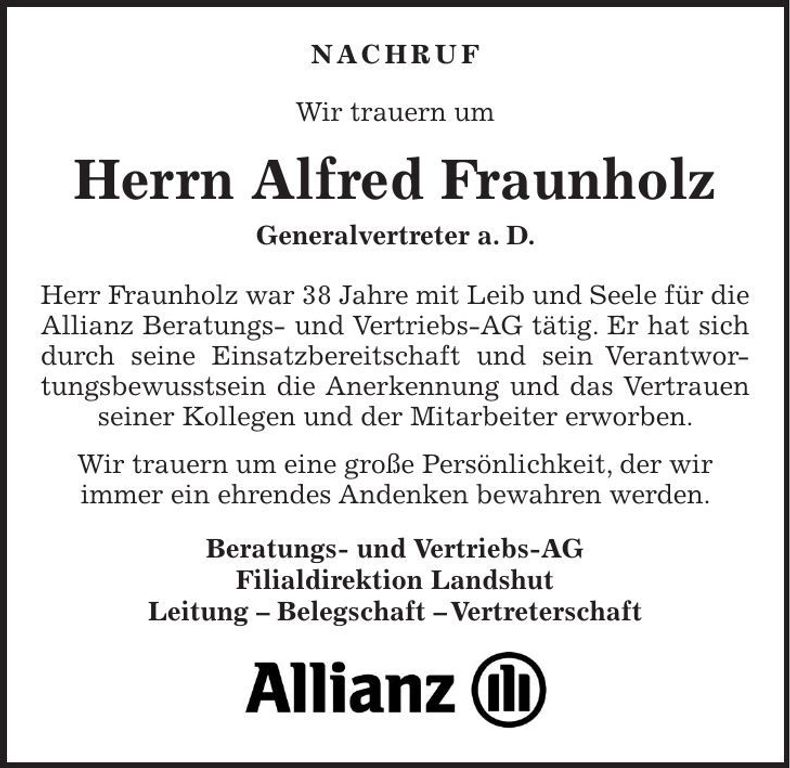 Traueranzeige Alfred Fraunholz